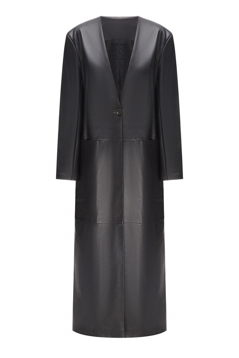 Black faux leather coat by ELENAREVA, stylish and sleek with a smooth texture, front zipper, and classic collar detail.