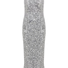 Silver sequin maxi gown by Nazlı Ceren featuring a flowing silhouette and elegant design, perfect for formal occasions.