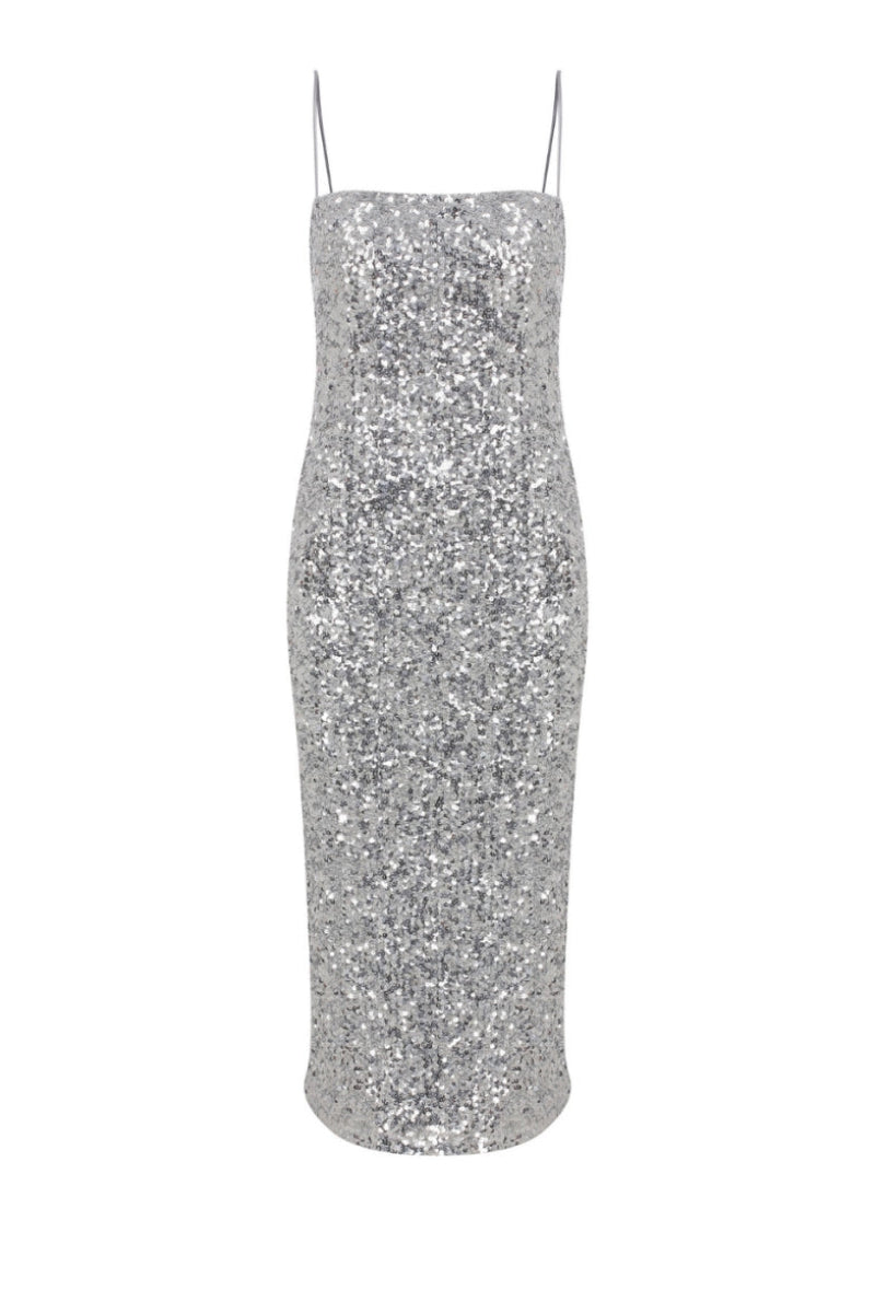 MILES SEQUIN MIDI DRESS IN SILVER BURCH