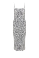 Silver sequin maxi gown by Nazlı Ceren featuring a flowing silhouette and elegant design, perfect for formal occasions.