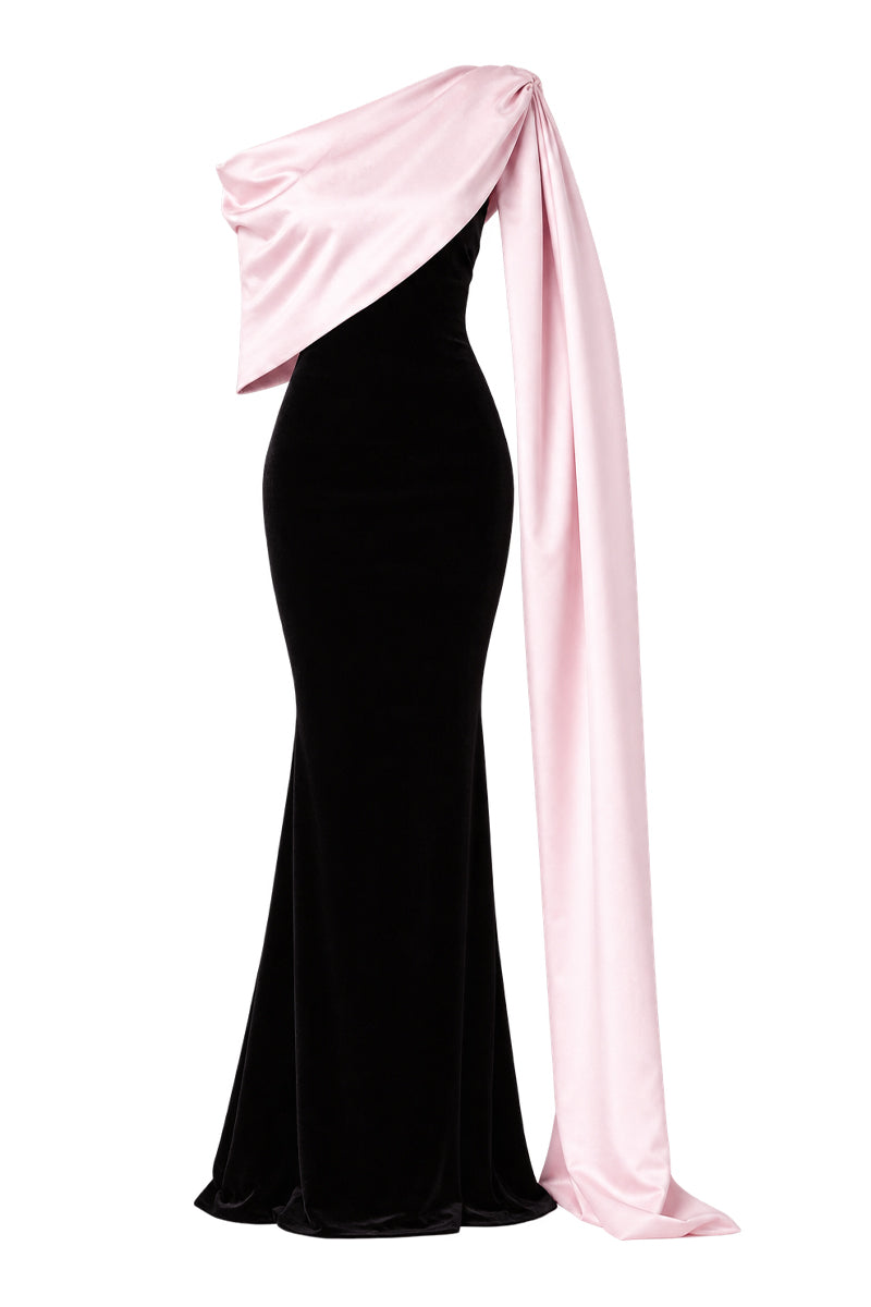 Nur Karaata Amoura gown with elegant flowing fabric and intricate detailing, shown in a full-length view.