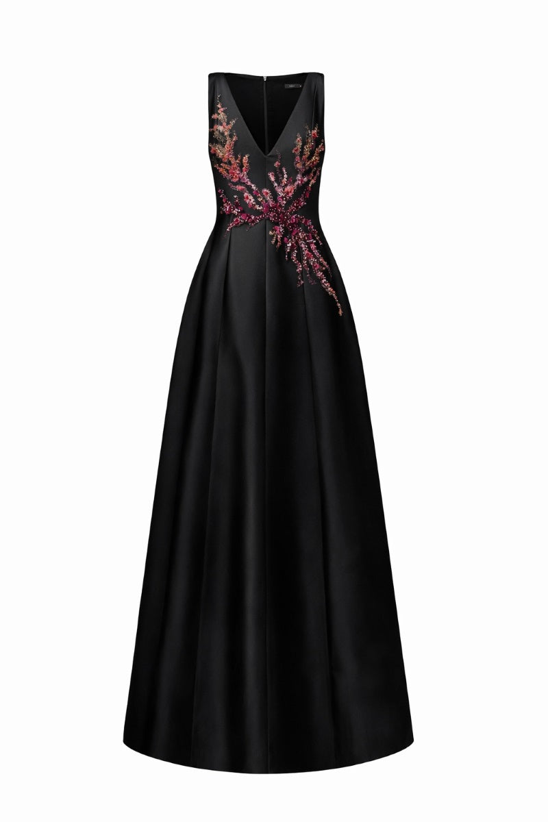 Elegant black Evelina Royal Taffeta gown by 21Six, featuring a flowing design and luxurious fabric perfect for formal occasions.