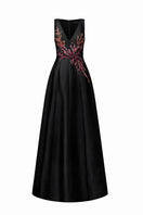 Black Evelina Royal Taffeta gown by 21Six, featuring elegant fabric and a flowing design, perfect for formal occasions.