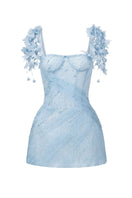 Light blue Catalina tulle and lace mini dress by 21Six, featuring delicate lace details and a flowing tulle skirt.