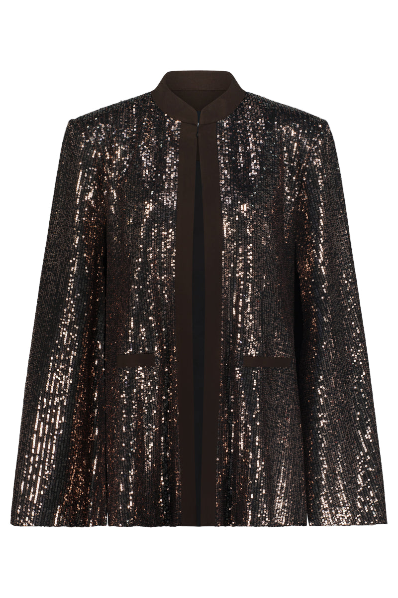 Lili Blanc shimmering brown sequin cape blazer, stylish women's blazer with glittering sequins and tailored fit.