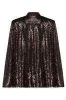 Brown shimmer sequined blazer by Lili Blanc, featuring a stylish cape design and tailored fit for elegant fashion statements.