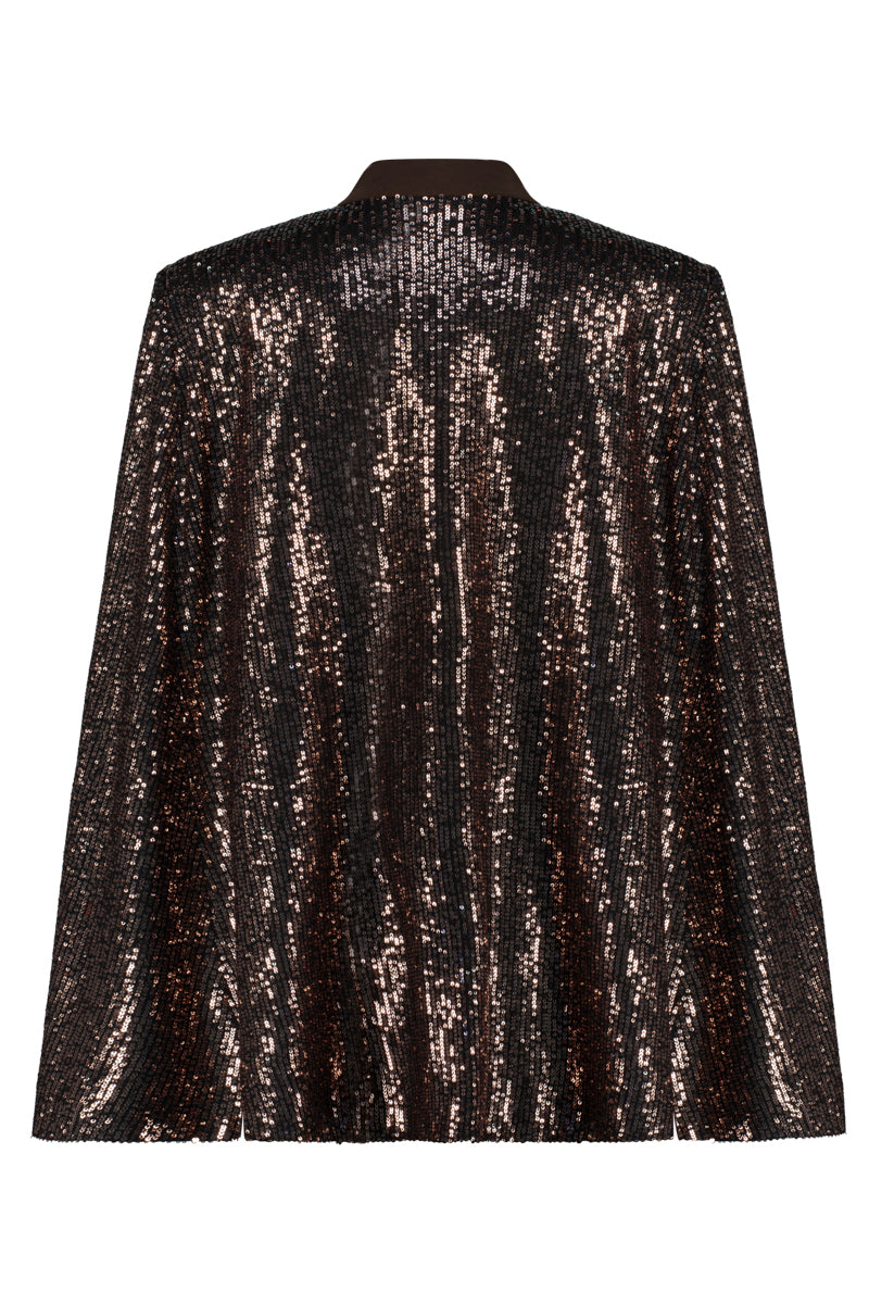 Brown shimmer sequined blazer by Lili Blanc, featuring a stylish cape design and tailored fit for elegant fashion statements.