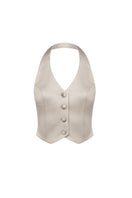 Nazlı Ceren Mirelle Satin Vest in Smoke Grey, close-up of the sleek satin fabric and tailored fit on a mannequin.
