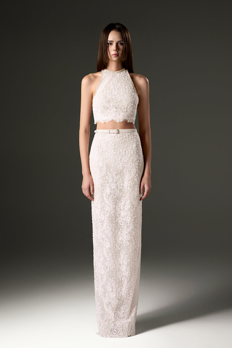 HALTER MESH LACE TOP AND SKIRT SET IN WHITE - CULT MIA