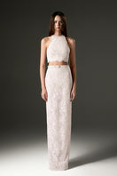 White halter mesh lace top and skirt co-ord set by I.H.F Studio, featuring intricate lace details and a stylish, modern design.