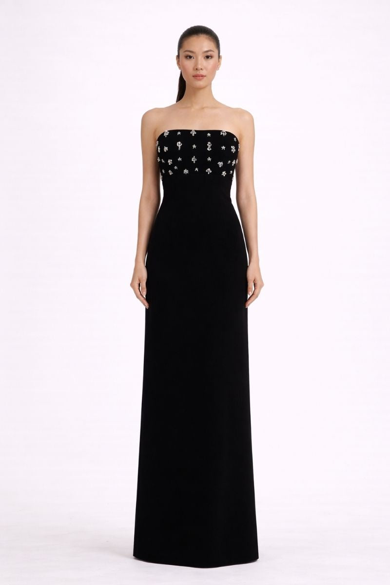 Nihan Peker Sabaa Black Gown with elegant draping and long sleeves, perfect for formal occasions.