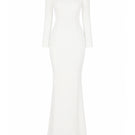 Lili Blanc asymmetric maxi dress with flowing fabric and elegant design, displayed on a hanger against a neutral background.
