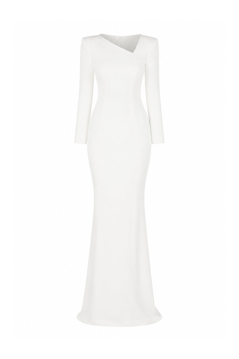 Lili Blanc asymmetric maxi dress with flowing fabric and elegant design, displayed on a hanger against a neutral background.