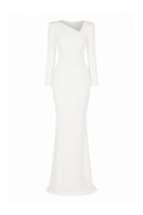 Lili Blanc asymmetric maxi dress with flowing fabric and elegant design, displayed on a hanger against a neutral background.