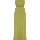 Nazlı Ceren green glow maxi dress, long jersey dress with flowing fabric and elegant design, displayed on a hanger.