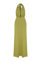 Nazlı Ceren green glow maxi dress, long jersey dress with flowing fabric and elegant design, displayed on a hanger.