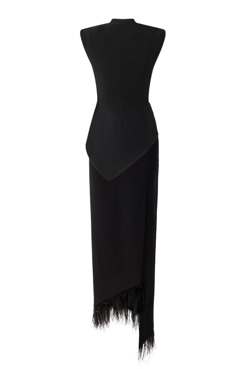 ASYMMETRIC SLEEVELESS BLAZER AND FEATHER SKIRT - CULT MIA