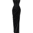 Black plunge neck chiffon gown by CEM, featuring flowing fabric and elegant design, photographed on a dress form.