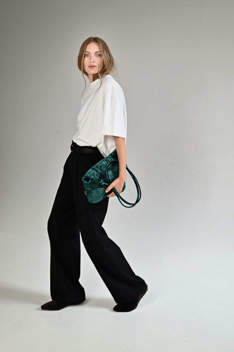 Vikele Studio Gigi shoulder bag in emerald green with sleek design and top handle, stylish accessory for everyday use.