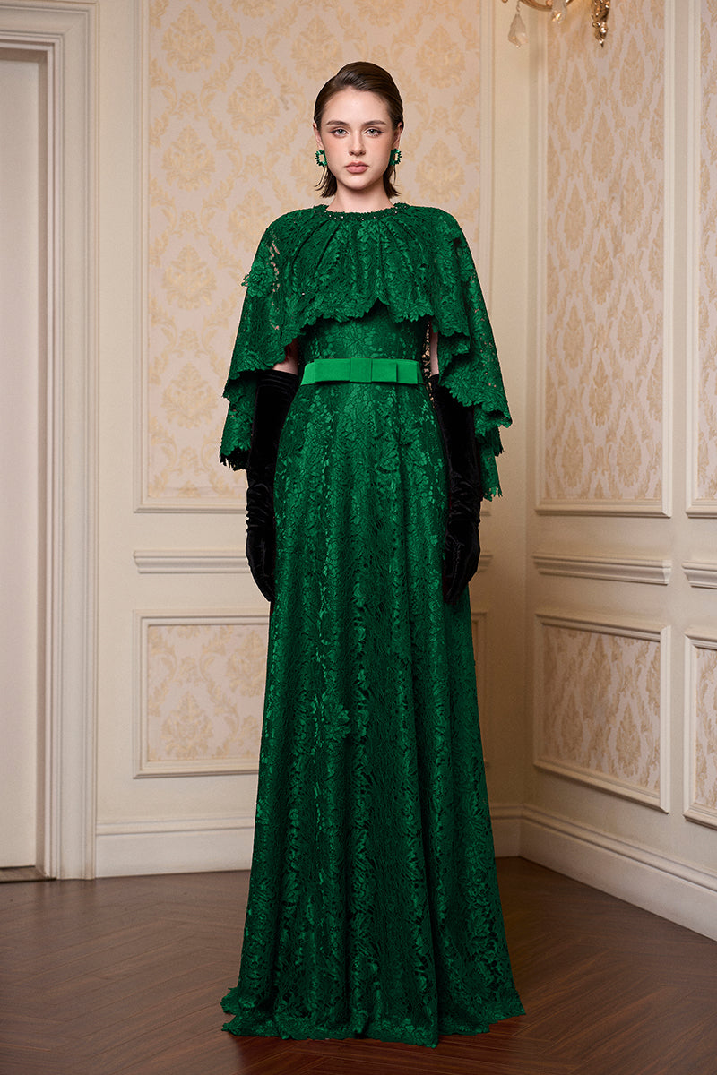 A-LINE GOWN WITH MULLET CAPE IN GREEN