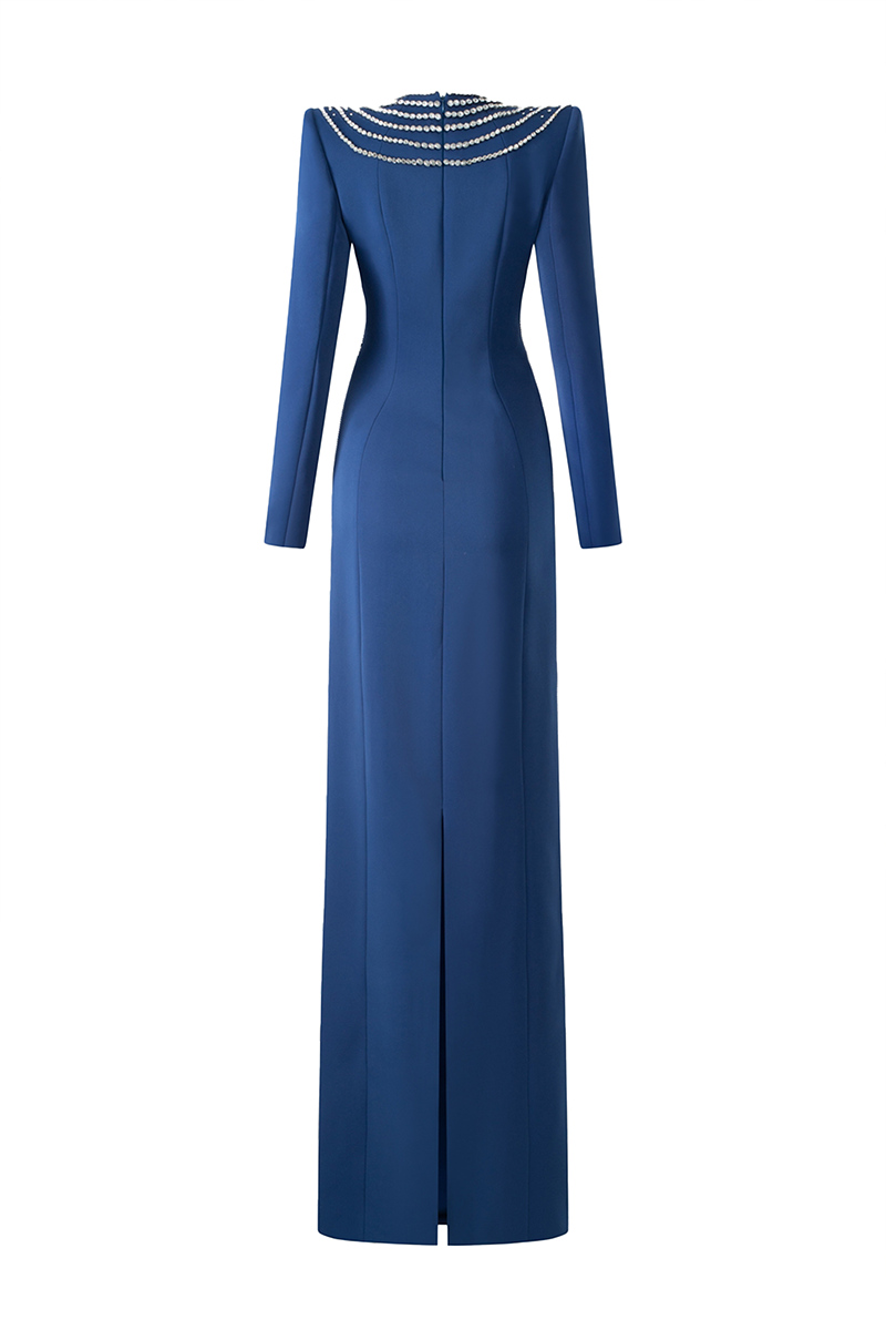 DARK BLUE LONG SLEEVE CHEST CUP STRAIGHT GOWN - CULT MIA