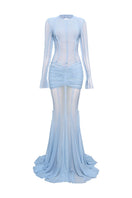 Do Long Aurora Star Blue gown featuring a flowing, elegant blue fabric with star pattern and sophisticated design.