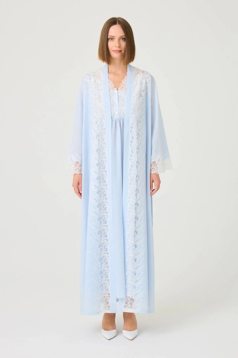 Bocan Couture Liliane long cotton voile robe with off-white lace trim, lightweight and elegant for lounging or sleepwear.