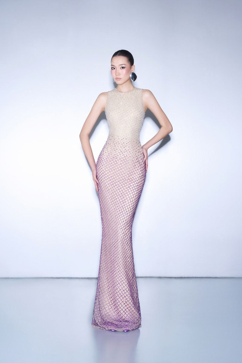 PURPLE AND WHITE OMBRE EMBELLISHED MESH MAXI DRESS