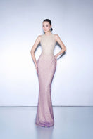 CEM purple and white ombre embellished mesh maxi dress with flowing fabric and intricate details, perfect for elegant occasions.