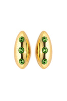 Liya Ocean Eye Green Earrings featuring vibrant green gemstone dangle earrings with gold hooks.