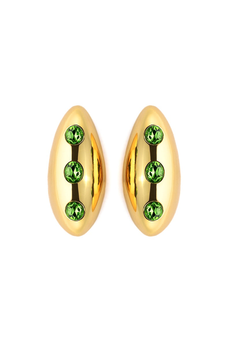 Liya Ocean Eye Green Earrings featuring vibrant green gemstone dangle earrings with gold hooks.
