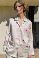 KIKI Cherry Cat 22 Momme Silk Long Pajama Set from Not Just Pajama, featuring a luxurious silk loungewear with cherry cat print.