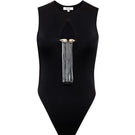 Black Nina fringed bodysuit by SÉLONE, featuring a stylish fringed design and fitted top in a close-up shot.
