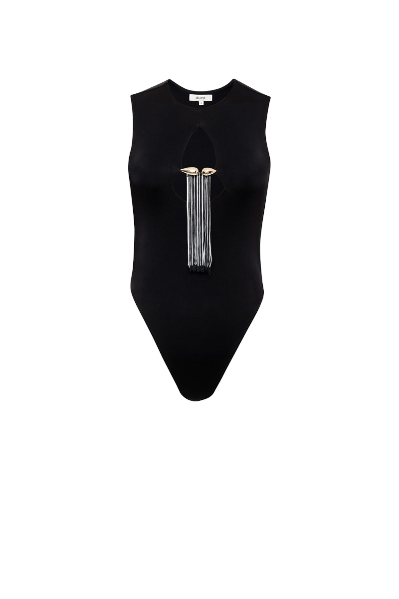 NINA FRINGED BODYSUIT IN BLACK