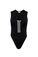 Black Nina fringed bodysuit by SÉLONE, featuring a stylish fringed design and fitted top in a close-up shot.