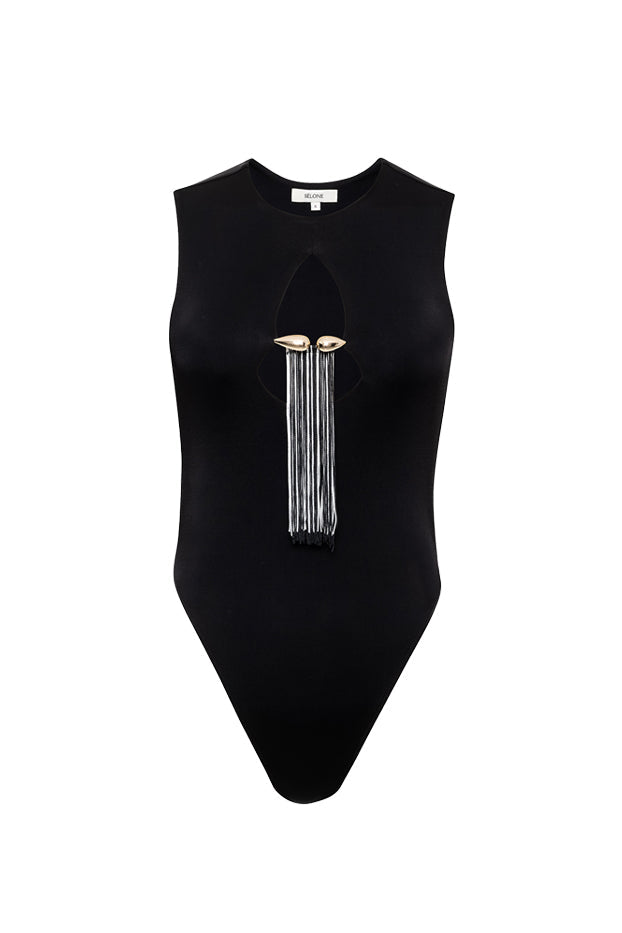 Black Nina fringed bodysuit by SÉLONE, featuring a stylish fringed design and fitted top in a close-up shot.