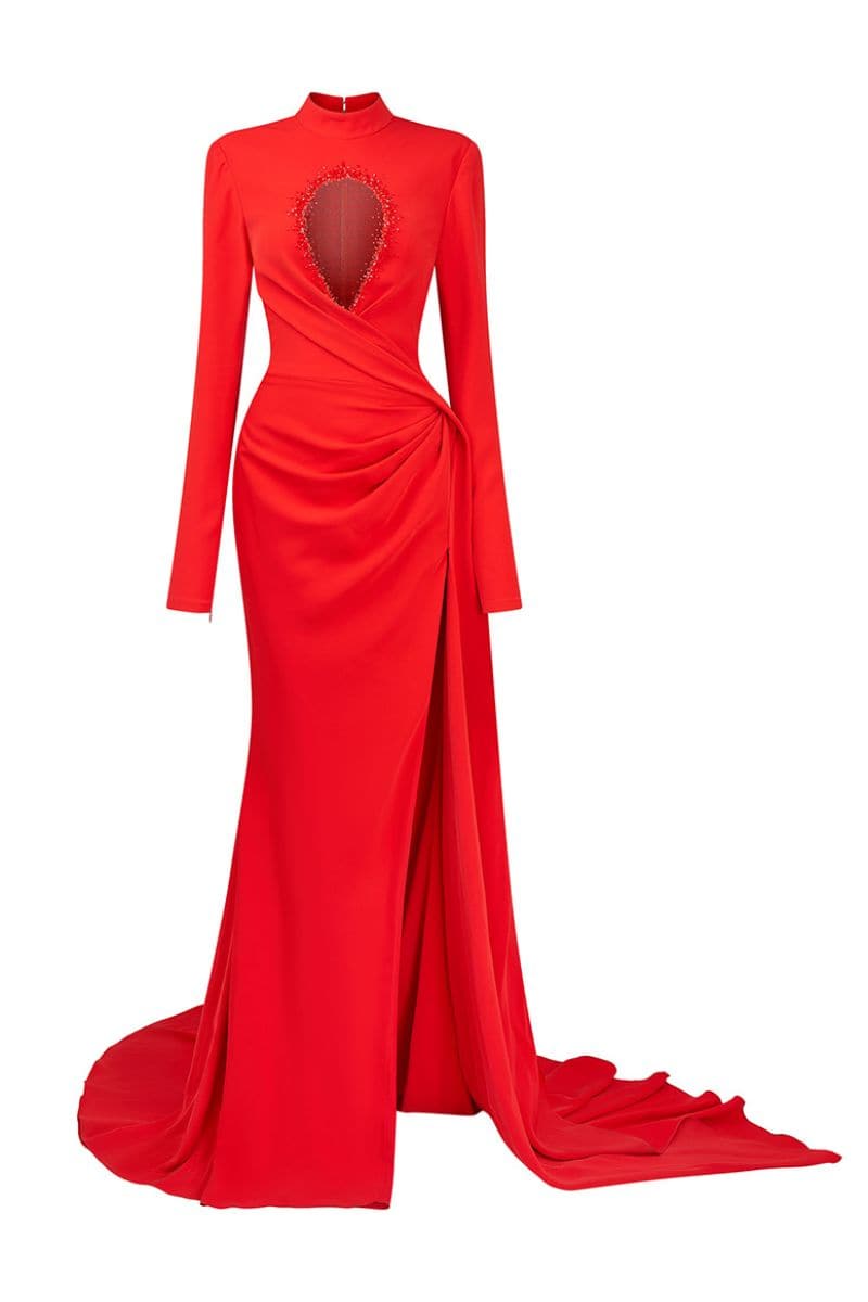 EUGEN RED SPLIT DRAPED GOWN - CULT MIA