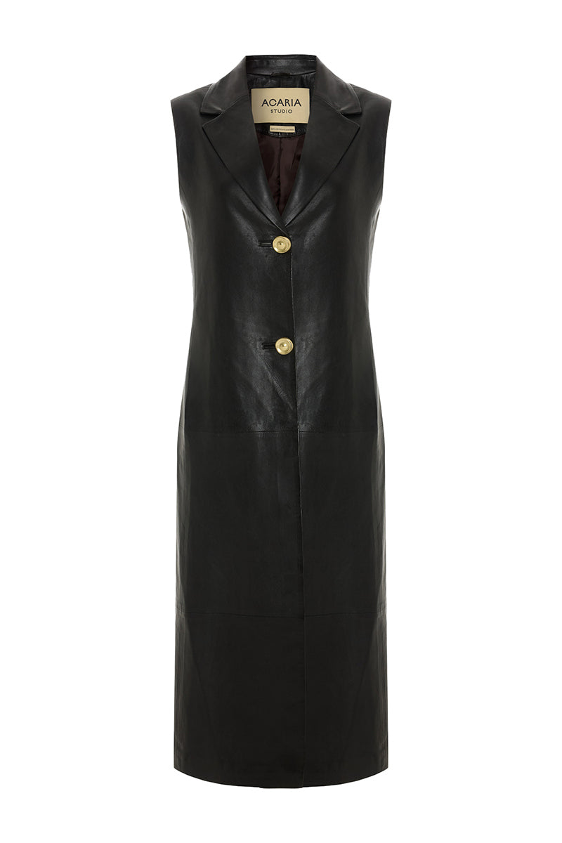 Brown Mercury leather vest by Acaria Studio, featuring a tailored fit and detailed stitching on smooth leather.