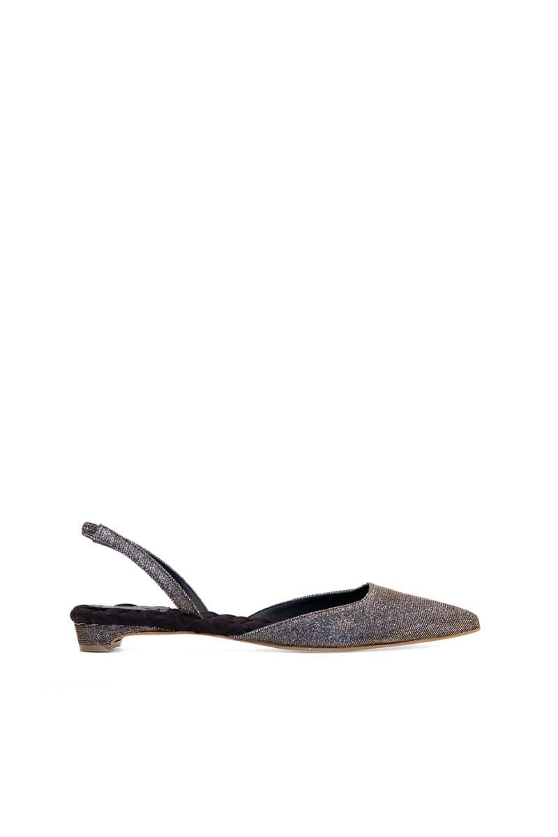 A pair of AERA Jackie metallic Lurex slingback flats with shiny, metallic finish and pointed toe design.
