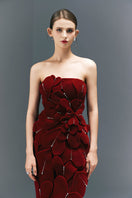 HAPPY CLOTHING CULT MIA X burgundy velvet strapless gown with a fitted bodice and elegant flowing skirt.