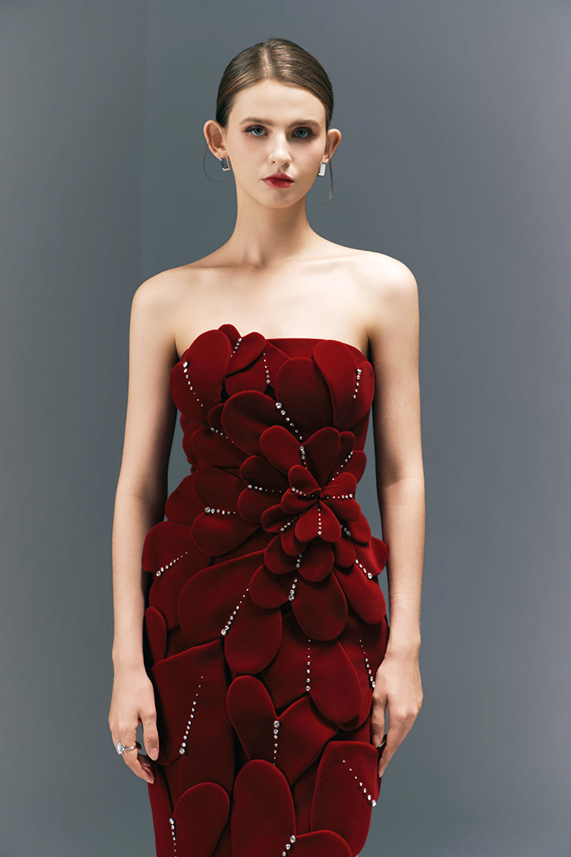 HAPPY CLOTHING CULT MIA X burgundy velvet strapless gown with a fitted bodice and elegant flowing skirt.