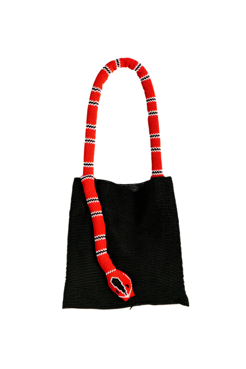 Black Serpent Big shoulder bag by SAC DE SOUL with red and white snake print design, stylish and spacious for daily use.