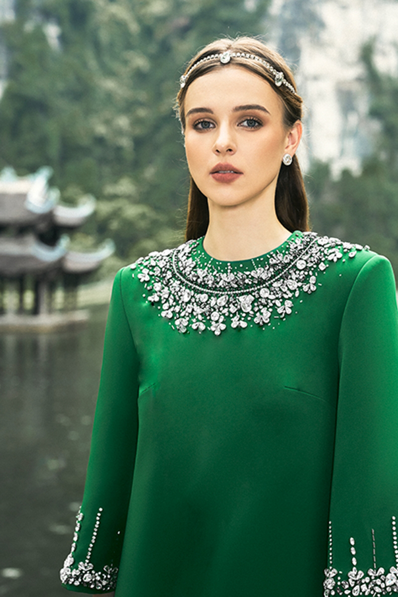 GREEN MIDDLE SLEEVE STONE EMBELLISHED GOWN - CULT MIA