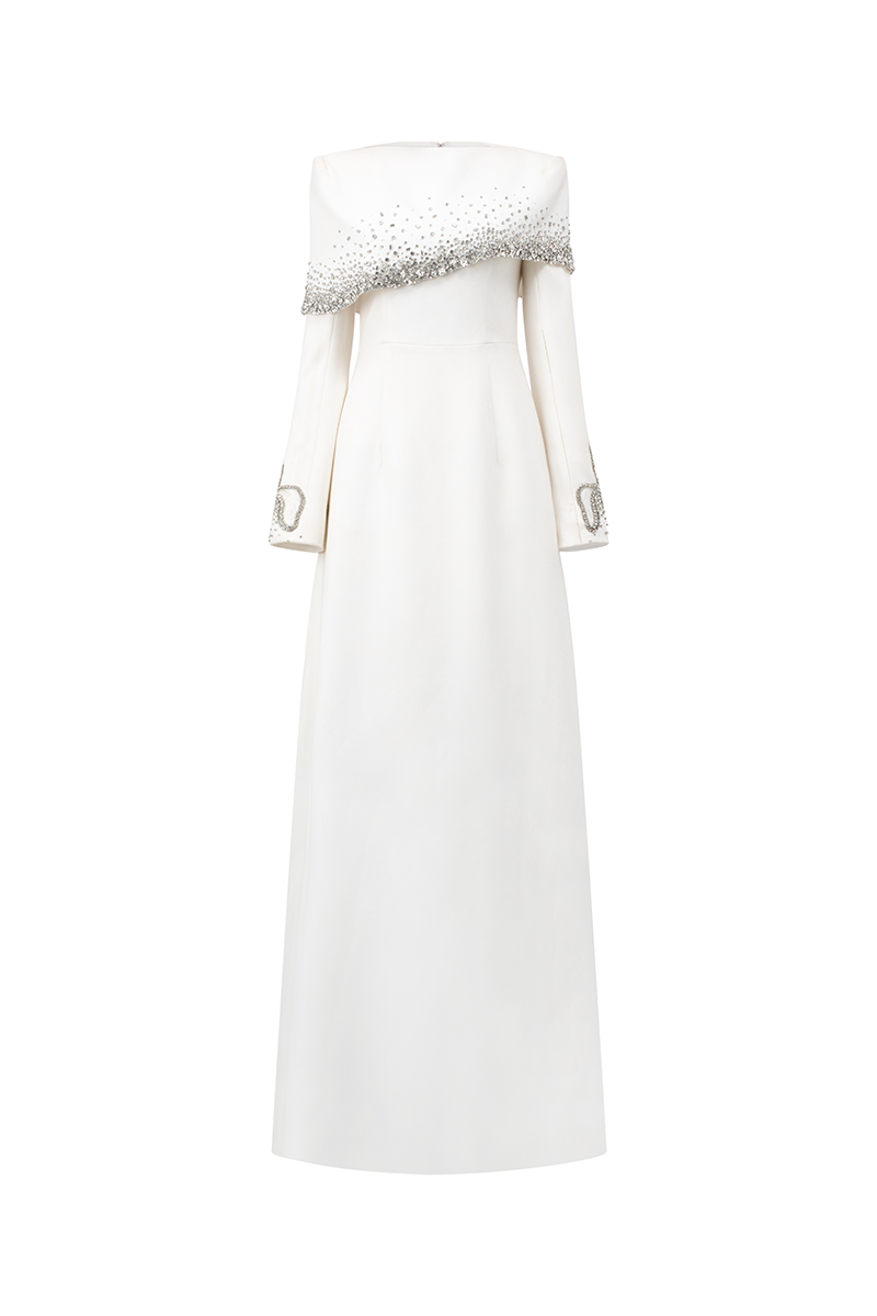 DIAGONAL CRYSTAL-EMBELLISHED SHOULDER A-LINE DRESS - CULT MIA