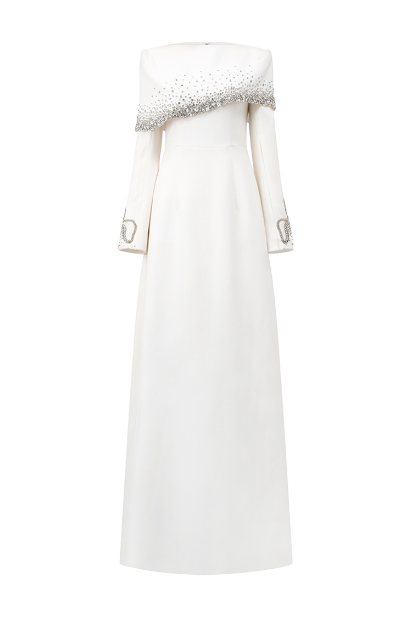 Tracy Studio DIAGONAL CRYSTAL-EMBELLISHED SHOULDER A-LINE DRESS | Cult Mia