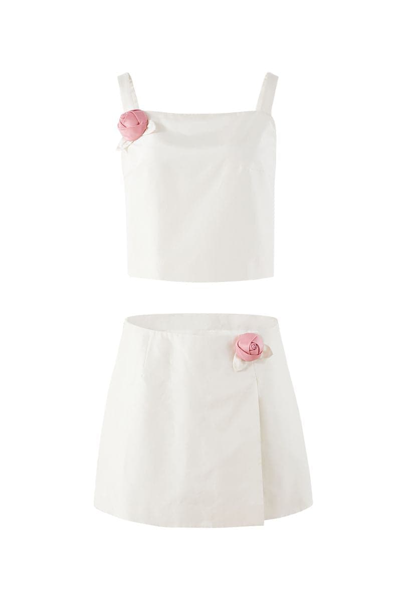IVORY ROSE APPLIQUÉ TANK TOP AND MINI SKIRT SET - CULT MIA
