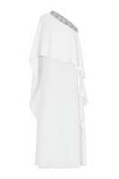 Valenciani beaded neckline asymmetrical cape gown maxi dress with flowing fabric and elegant design.