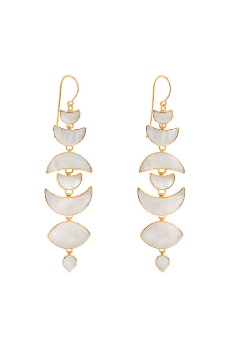 Gold moon drop earrings by Freya Rose featuring elegant, crescent-shaped design with intricate detailing.