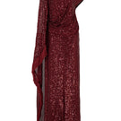 Red Valenciani one-shoulder draped sequin gown with elegant design and flowing fabric, perfect for formal occasions.