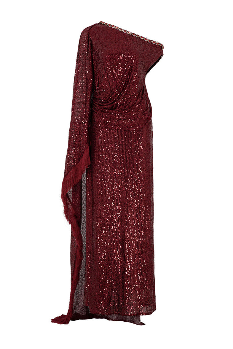 Red Valenciani one-shoulder draped sequin gown with elegant design and flowing fabric, perfect for formal occasions.